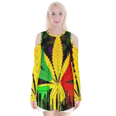 Cannabis Leaf Color Velvet Long Sleeve Shoulder Cutout Dress