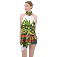 Cannabis Hemp Hashish Illegal Drug Trade Rasta Halter Asymmetric Satin Top by Vaneshart