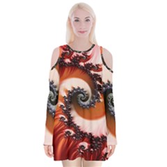 Abstract Fractal Patterns Red Velvet Long Sleeve Shoulder Cutout Dress