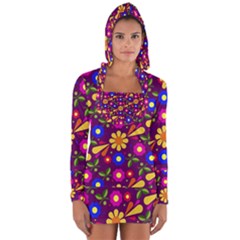 Flowers Patterns Multicolored Vector Long Sleeve Hooded T-shirt