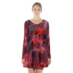 Art Space Abstract Red Line Long Sleeve Velvet V-neck Dress