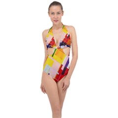 Abstract Lines Shapes Colorful Halter Front Plunge Swimsuit by Vaneshart