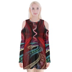 Patterns Red Abstract Velvet Long Sleeve Shoulder Cutout Dress