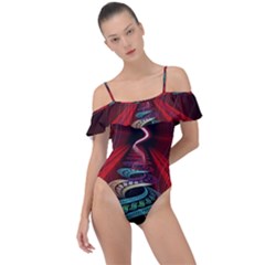 Patterns Red Abstract Frill Detail One Piece Swimsuit