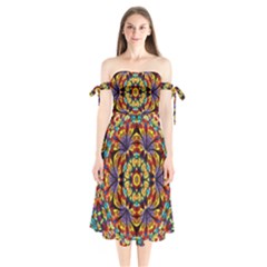 Geometric Pattern Kaleidoscope Art Mirror Image Mosaic Shoulder Tie Bardot Midi Dress by Vaneshart