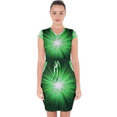 Green Blast Background Capsleeve Drawstring Dress 