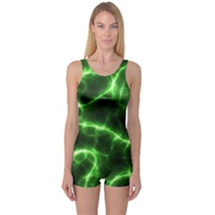 Lightning Electricity Pattern Green One Piece Boyleg Swimsuit