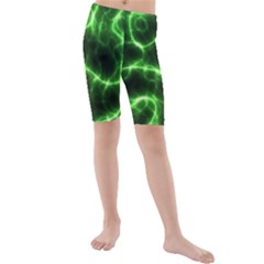 Lightning Electricity Pattern Green Kids  Mid Length Swim Shorts