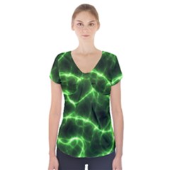 Lightning Electricity Pattern Green Short Sleeve Front Detail Top