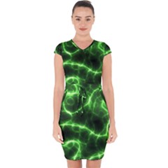 Lightning Electricity Pattern Green Capsleeve Drawstring Dress 