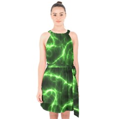 Lightning Electricity Pattern Green Halter Collar Waist Tie Chiffon Dress