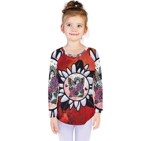 Wonderful Fairy With Butterflies And Roses Kids  Long Sleeve Tee by FantasyWorld7