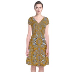 A Star In Golden Juwels Short Sleeve Front Wrap Dress by pepitasart