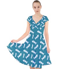 Fish Teal Blue Pattern Cap Sleeve Front Wrap Midi Dress