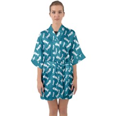 Fish Teal Blue Pattern Half Sleeve Satin Kimono 