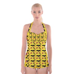 Bat Rose Lips Yellow Pattern Boyleg Halter Swimsuit 