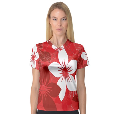 Tropical Red Flowers V-neck Sport Mesh Tee by retrotoomoderndesigns