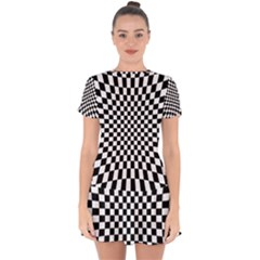 Illusion Checkerboard Black And White Pattern Drop Hem Mini Chiffon Dress by Vaneshart