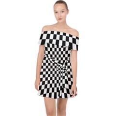 Illusion Checkerboard Black And White Pattern Off Shoulder Chiffon Dress by Vaneshart