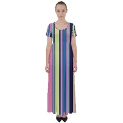 Stripes Colorful Wallpaper Seamless High Waist Short Sleeve Maxi Dress