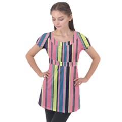 Stripes Colorful Wallpaper Seamless Puff Sleeve Tunic Top
