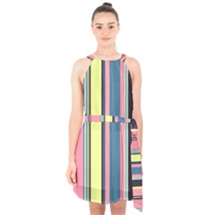 Stripes Colorful Wallpaper Seamless Halter Collar Waist Tie Chiffon Dress