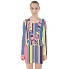 Stripes Colorful Wallpaper Seamless V-neck Bodycon Long Sleeve Dress