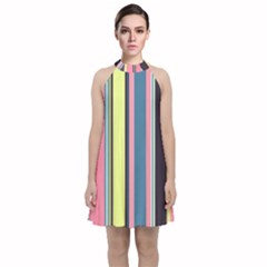 Stripes Colorful Wallpaper Seamless Velvet Halter Neckline Dress 