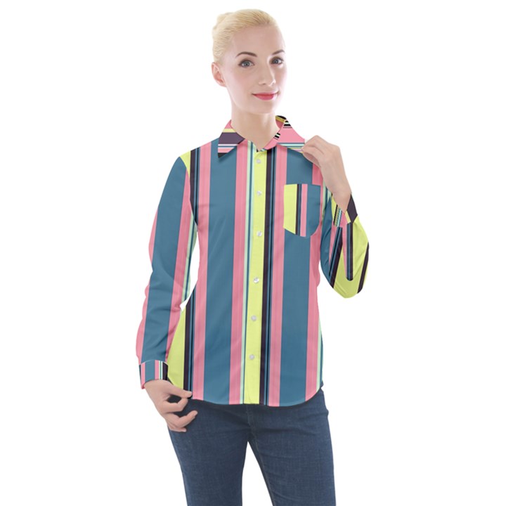 Stripes Colorful Wallpaper Seamless Women s Long Sleeve Pocket Shirt