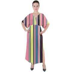 Stripes Colorful Wallpaper Seamless V-Neck Boho Style Maxi Dress
