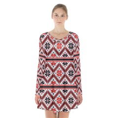 Folklore Ethnic Pattern Background Long Sleeve Velvet V-neck Dress