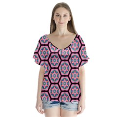 Background Pattern Tile Flower V-neck Flutter Sleeve Top