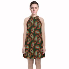 Seamless Paisley Pattern Velvet Halter Neckline Dress 