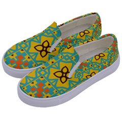 Flowers In Squares Pattern                                              Kids  Canvas Slip Ons by LalyLauraFLM