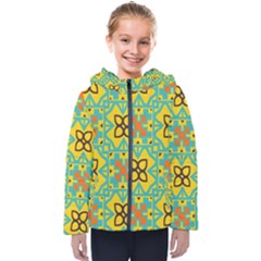 Flowers In Squares Pattern                                              Kids  Hooded Puffer Jacket by LalyLauraFLM