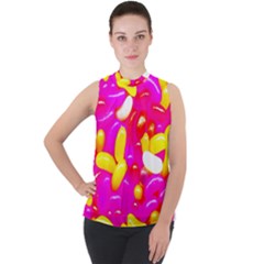 Vibrant Jelly Bean Candy Mock Neck Chiffon Sleeveless Top