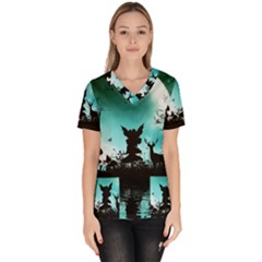 Litte Fairy With Deer In The Night Women s V-neck Scrub Top by FantasyWorld7