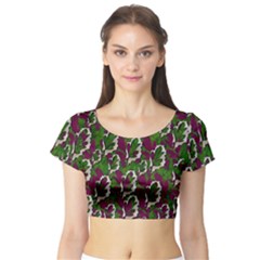 Green Fauna And Leaves In So Decorative Style Short Sleeve Crop Top