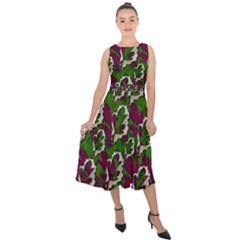 Green Fauna And Leaves In So Decorative Style Midi Tie-back Chiffon Dress