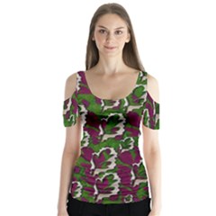 Green Fauna And Leaves In So Decorative Style Butterfly Sleeve Cutout Tee 