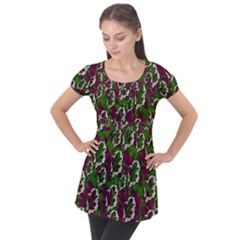 Green Fauna And Leaves In So Decorative Style Puff Sleeve Tunic Top