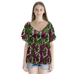 Green Fauna And Leaves In So Decorative Style V-neck Flutter Sleeve Top by pepitasart