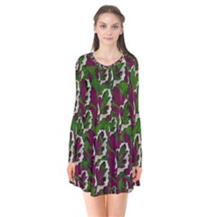 Green Fauna And Leaves In So Decorative Style Long Sleeve V-neck Flare Dress