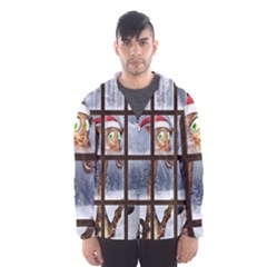 Funny Giraffe  With Christmas Hat Looks Through The Window Men s Hooded Windbreaker by FantasyWorld7