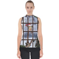 Funny Giraffe  With Christmas Hat Looks Through The Window Mock Neck Shell Top by FantasyWorld7