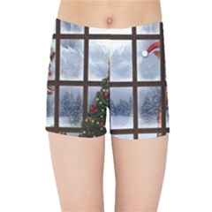 Funny Giraffe  With Christmas Hat Looks Through The Window Kids  Sports Shorts by FantasyWorld7