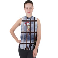 Funny Giraffe  With Christmas Hat Looks Through The Window Mock Neck Chiffon Sleeveless Top by FantasyWorld7