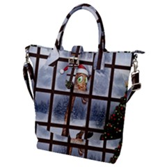 Funny Giraffe  With Christmas Hat Looks Through The Window Buckle Top Tote Bag by FantasyWorld7