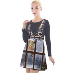 Funny Giraffe  With Christmas Hat Looks Through The Window Plunge Pinafore Velour Dress