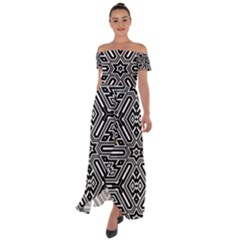 Grid Pattern Backdrop Off Shoulder Open Front Chiffon Dress by Vaneshart